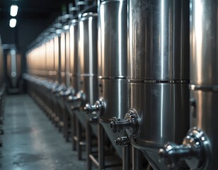 Obraz premium Shiny stainless steel tank barrels line in dimly lit brewery or wine cellar. Emphasizing quality control in the manufacturing process of fine liquor or wine. Industrial beverage production.