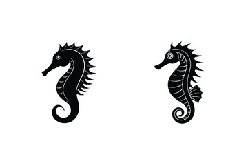 Elegant black seahorse silhouettes on a clean white background representing marine life and aquatic creatures