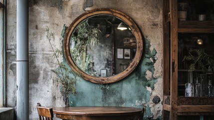 A round mirror with a wooden frame, hanging on a wall.
