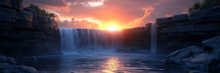 Serene Waterfall Landscape At Sunset With Rocky Cliffs High Resolution Photo