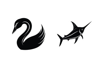 Elegant black swan and swordfish silhouettes on white background representing nature and wildlife design elements