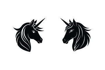 Two black unicorn head silhouettes facing each other on a white background ideal for design and branding.