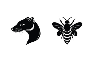 Black and white silhouette designs of a weasel profile and an insect bee in a clean minimalistic style
