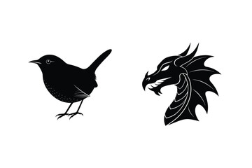 Black silhouette illustrations of a bird and dragon head suitable for logos or designs