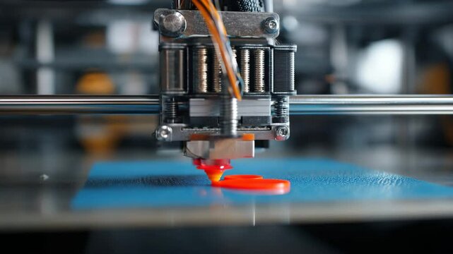 Close up view of a 3D printer nozzle depositing orange filament onto a blue print bed. The metallic parts of the printer are in sharp focus, while the background is blurred.