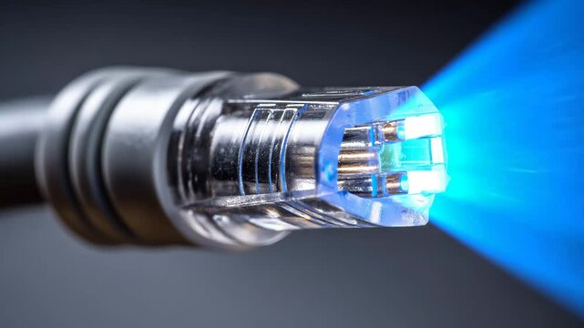 Close up view of a network cable connector emitting a bright blue light against a dark gray background. High detail, sharp focus.