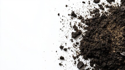 Close-up of dark soil fragments against white background