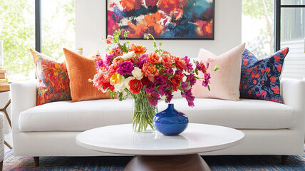 Bright and inviting living space featuring fresh flowers, colorful decor, and a cozy white sofa with a bold cushion, blending playful accents with a modern aesthetic.