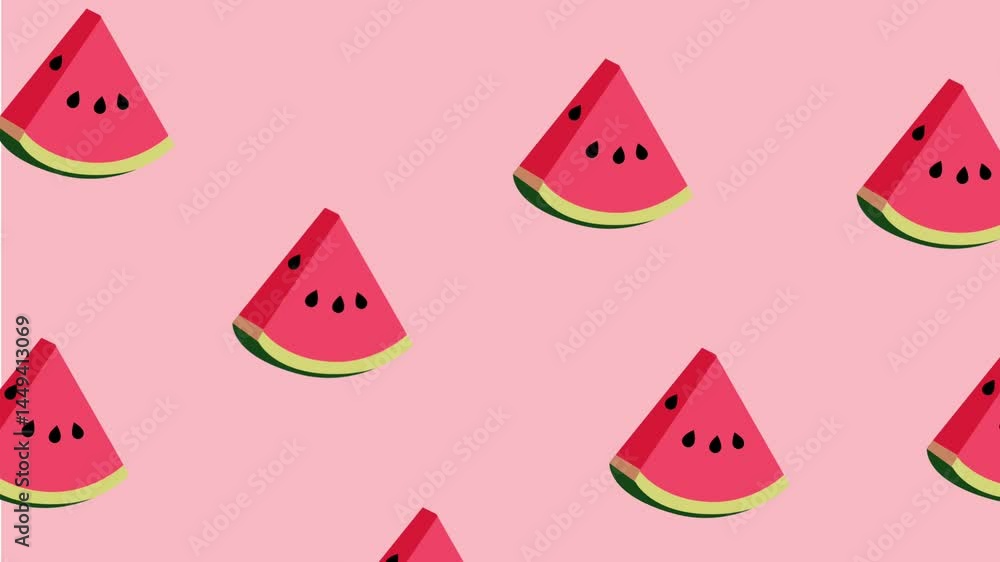 Poster multiple watermelon triangle slices float across a pink background, offering a light and fun fruity 