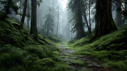 Fototapeta premium A foggy path winds through ancient redwood forest.