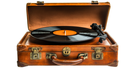 Vintage record player inside tan leather suitcase, cut out transparent