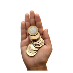 Hand holding a coins on transparent background, Indian ruppe, currency, savings, investment.