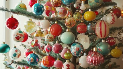 Vintage Christmas tree adorned with colorful ornaments.