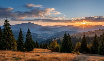 Mountain sunset vista, autumn colors, tranquil scene, perfect for nature lovers