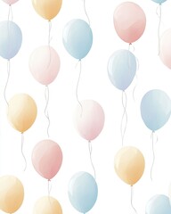 A vibrant pattern of pastel-colored balloons floating against a white background, creating a festive and cheerful atmosphere, ideal for celebrations or party decorations