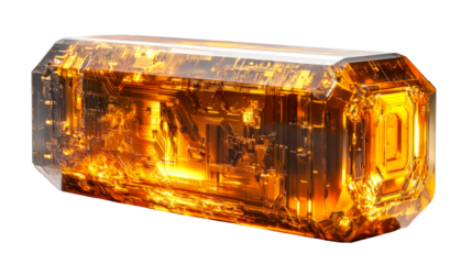 Detailed amber-colored crystal with circuit patterns inside, cut out transparent