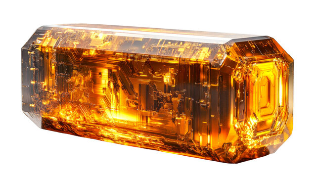 Detailed amber-colored crystal with circuit patterns inside, cut out transparent