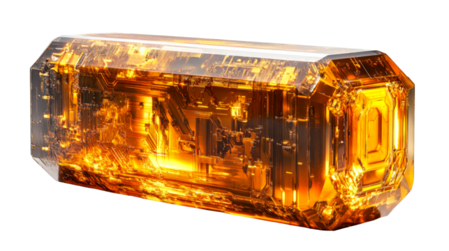 Detailed amber-colored crystal with circuit patterns inside, cut out transparent