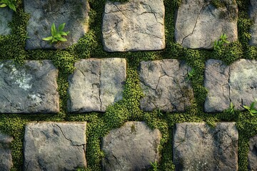 Fototapeta premium Cobblestone pavement with moss and plants