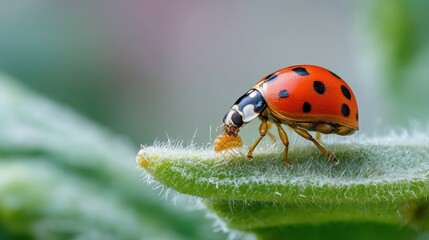 Fototapeta premium Profile View of Ladybug Larva Devouring Aphid: Macro Capture of Coccinella in Action