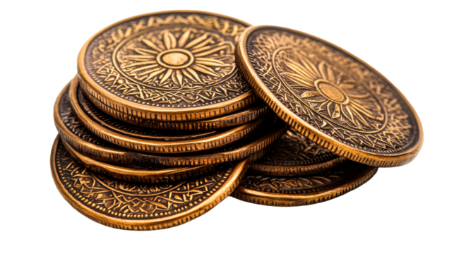 Stack of old gold coins with floral motif, cut out transparent