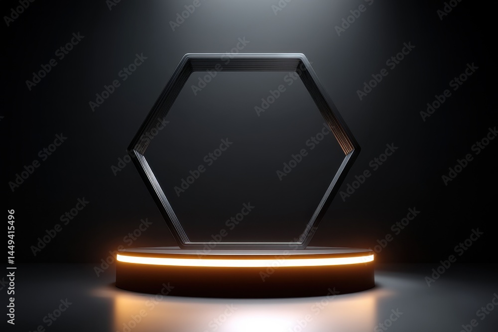 Poster sleek hexagonal display pedestal. futuristic platform with soft glow for 3d product showcasing. mini