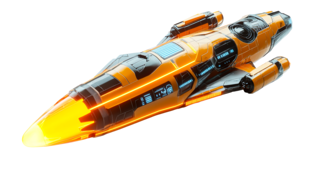 Futuristic spaceship with glowing engine, navigation system, cut out transparent