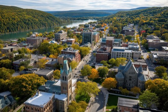Scenic Aerial View of Historic Ithaca, New York: Autumn Colors Over Lakes and Gorges in Vibrant Upstate County