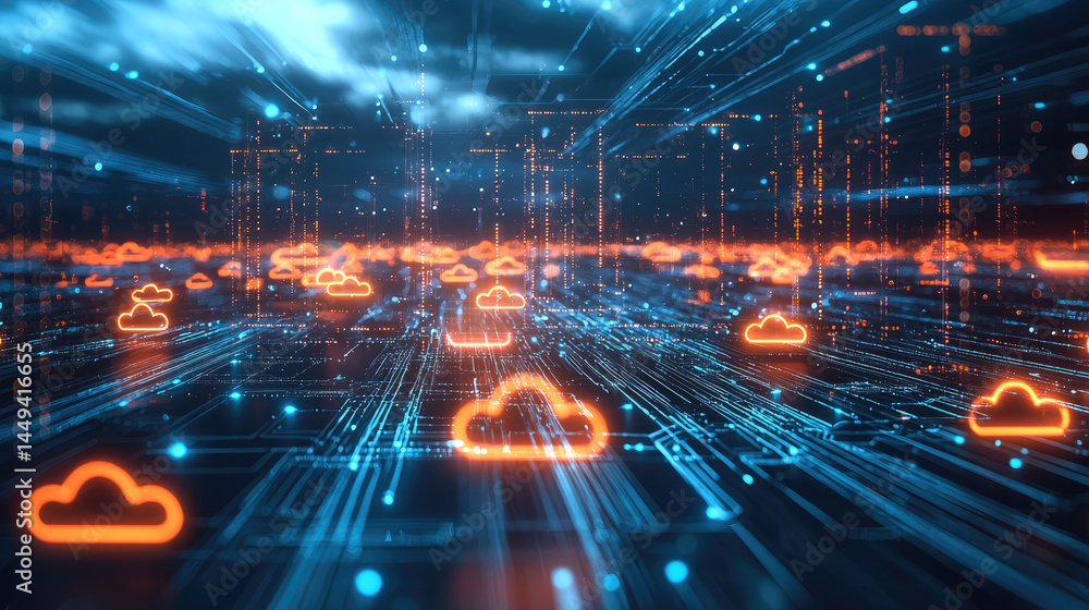 Poster Cloud computing, digital network, data storage, and futuristic technology are depicted with glowing cloud icons and blue circuit lines, creating dynamic, innovative, and modern atmosphere