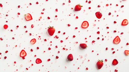 Red fruit pieces arranged artistically on a white surface.