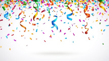 Colorful confetti and streamers falling on white background