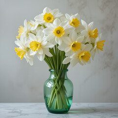 Fresh white daffodils in a green glass vase on a subtle background