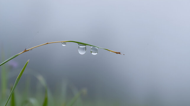 Web with dew drops on a blade of grass on a Fog background