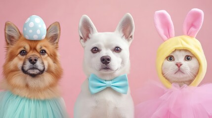 Playful Pets in Easter Costumes with Colorful Accessories and Scene