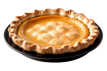 A rustic pumpkin pie with a crimped crust rests on a black plate against a dark backdrop