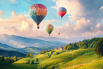 Obraz premium Colorful hot air balloons soaring over lush green hills and distant mountains during a vibrant sunset, with a quaint village nestled in the valley below