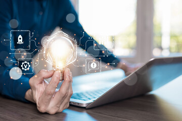 thinking and creative concept, Close up the light bulb and woman working on the desk, Creativity,...