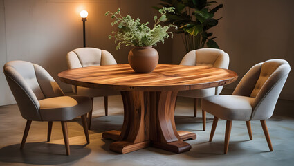 Round wooden table with four upholstered chairs., Sustainable Furniture concept, table and chairs
