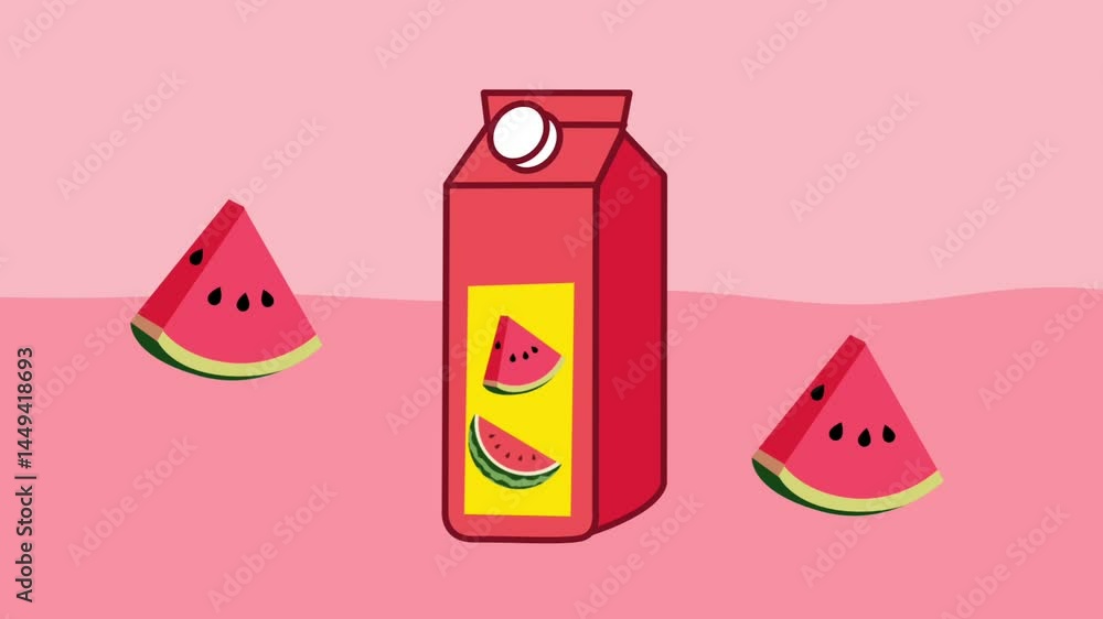 Poster a pink background with a watermelon juice carton and slices, blending refreshment and visual sweetne