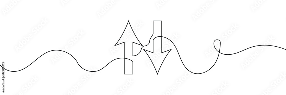 Poster continuous one line drawing of arrow pointing up and down. black thin line of two directions arrow i