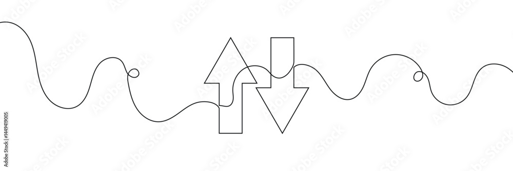 Poster continuous one line drawing of arrow pointing up and down. black thin line of two directions arrow i