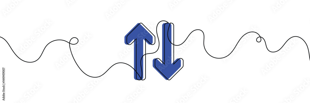 Poster continuous one line drawing of arrow pointing up and down. black thin line of two directions arrow i