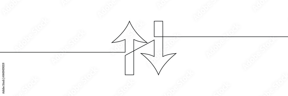 Poster continuous one line drawing of arrow pointing up and down. black thin line of two directions arrow i
