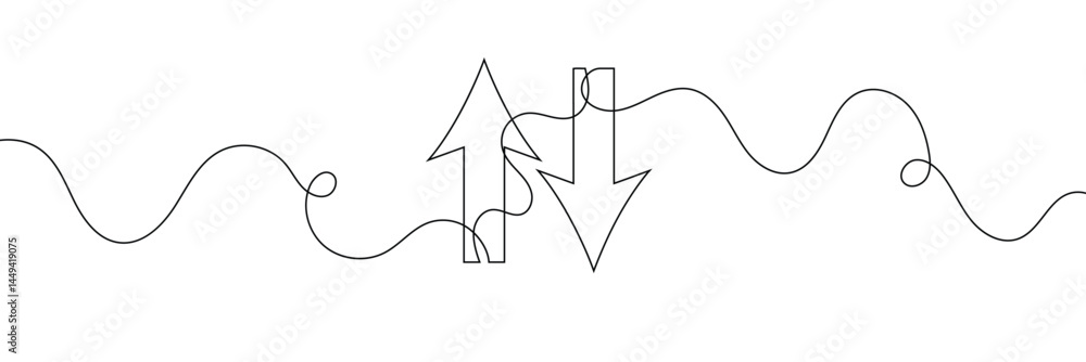 Poster continuous one line drawing of arrow pointing up and down. black thin line of two directions arrow i