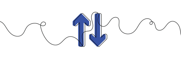 Continuous one line drawing of arrow pointing up and down. Black thin line of two directions arrow icon isolated on white background. EPS10 vector illustration for banner, template, web, app, poster.