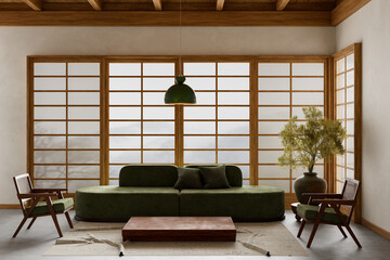 Japandi and Scandinavian-inspired living room. 3D illustration