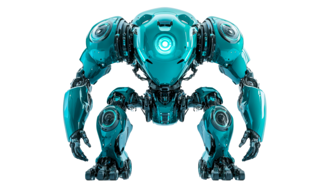 Turquoise mech robot cyborg, futuristic technology, cut out transparent