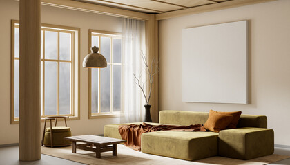Mock up poster frame in Japandi and Scandinavian-inspired living room. 3D illustration
