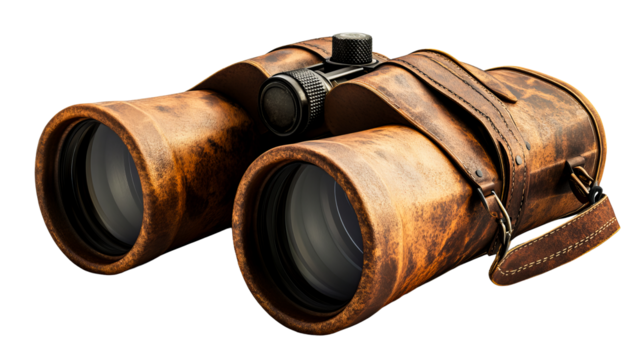 Detailed binocular closeup with distressed covering, cut out transparent