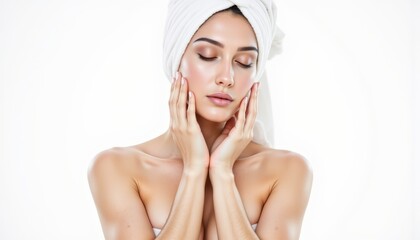 Serene woman relaxes with a soft towel on her head after refreshing shower